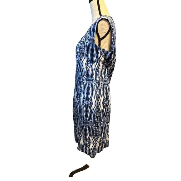 Anne Klein Dress Navy Sheath Cotton Stretch Square Neck Blue Abstract Print 12 - Picture 4 of 6